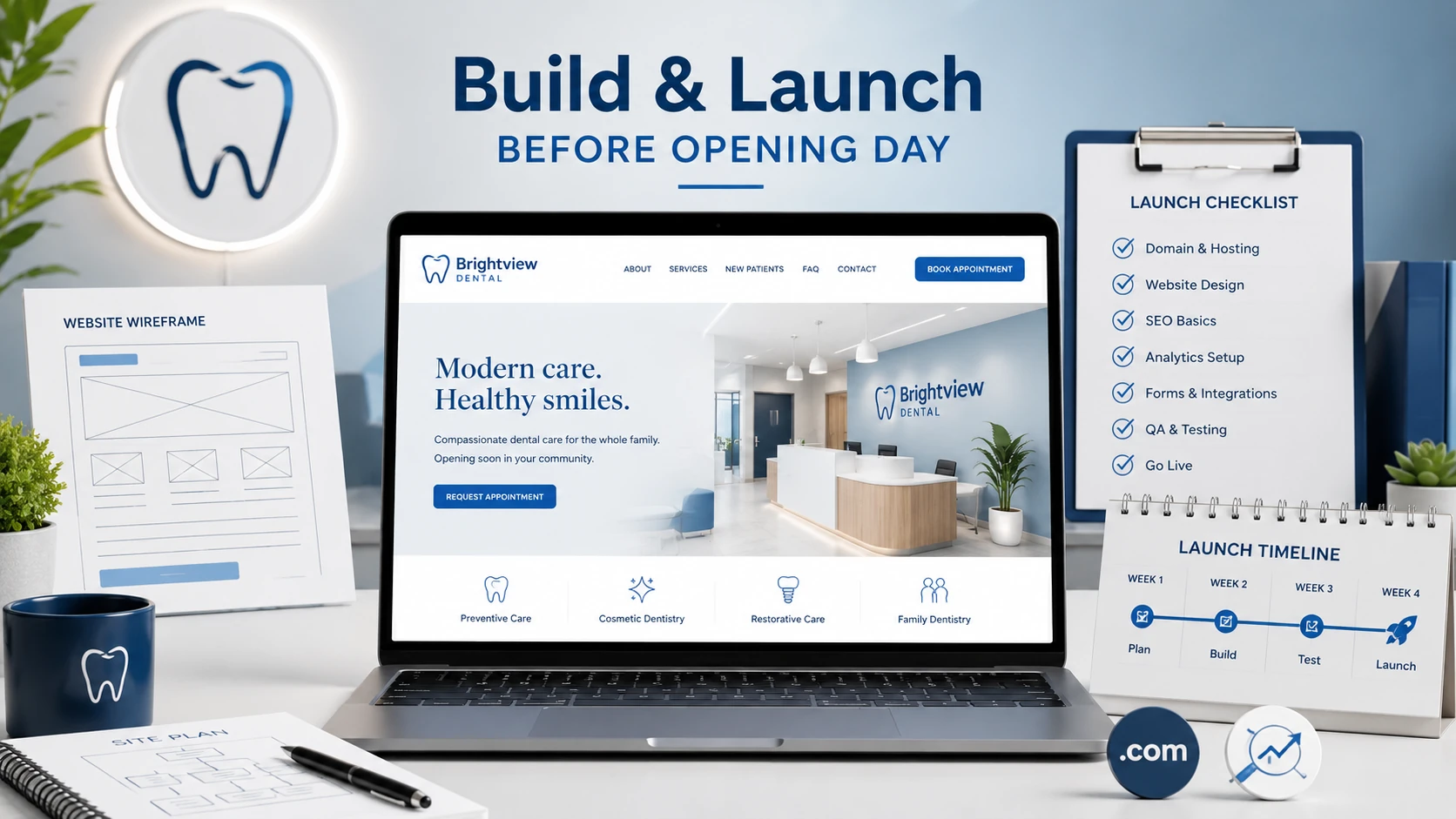 New dental practice website launch plan displayed on a laptop with a wireframe, launch checklist, and opening day timeline
