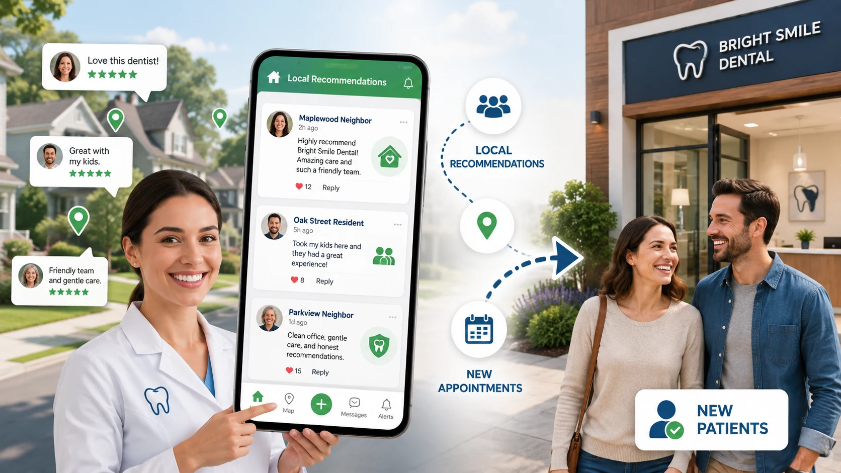 Dentist using local neighborhood recommendations to generate new patient appointments through Nextdoor marketing