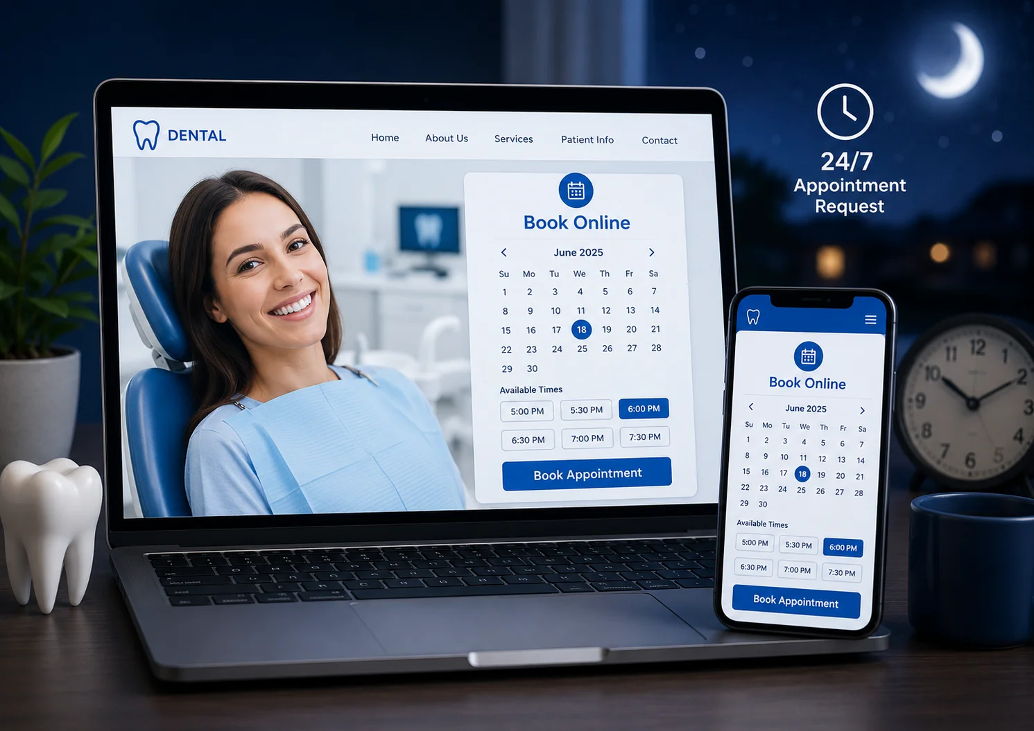Online dental booking calendar on a dental website and smartphone helping after-hours visitors request appointments