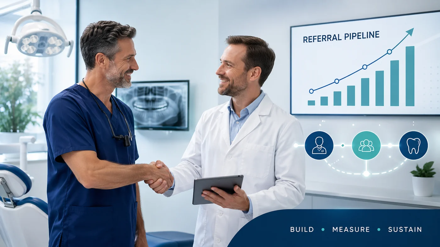 Oral surgeon and general dentist building a referral pipeline with growth chart in modern dental office