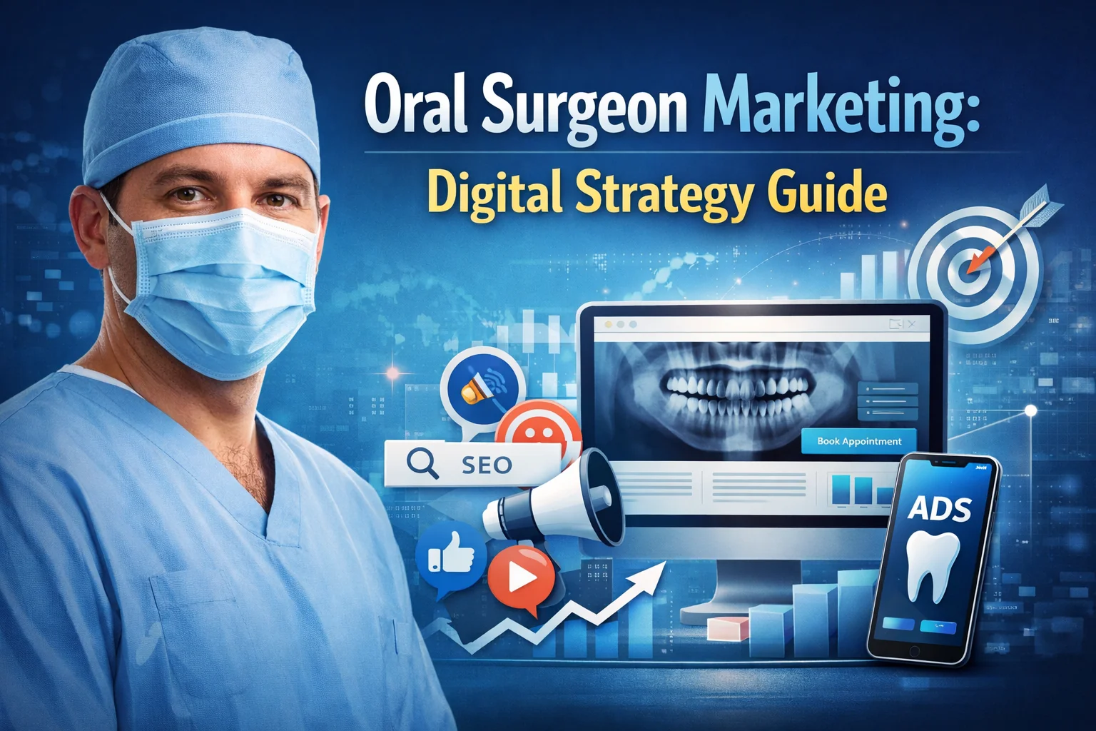 Oral surgeon marketing digital strategy guide featured image showing an oral surgeon in surgical attire beside digital marketing visuals like SEO search, online ads, analytics charts, and a dental website on a desktop and phone.