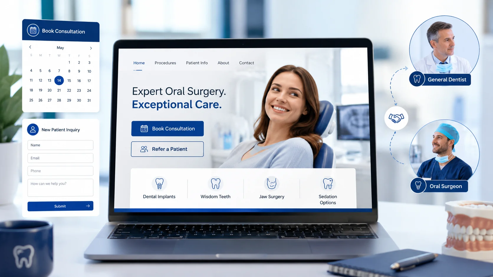 Oral surgery website design featuring consultation booking, patient inquiry form, procedure navigation, and referral pathway between a general dentist and oral surgeon
