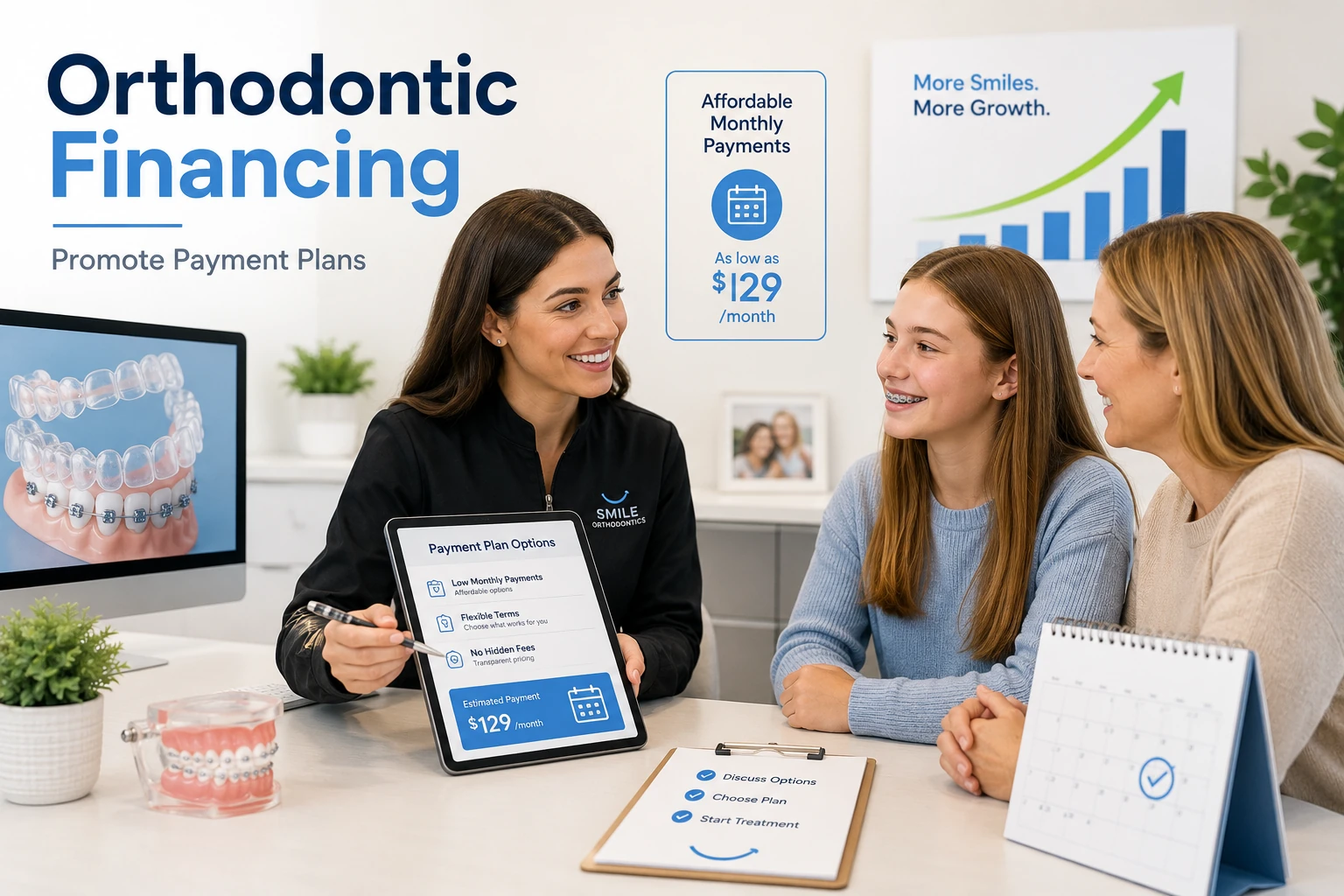 Orthodontic financing consultation showing payment plan options to help patients afford braces and increase orthodontic case starts