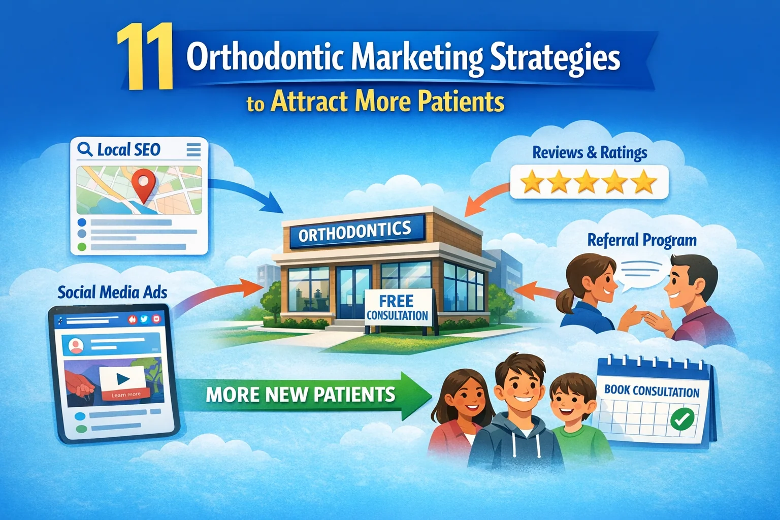 Illustration of orthodontic marketing strategies including local SEO, Google reviews, social media ads, referrals, and online booking driving new patient consultations to an orthodontic practice.