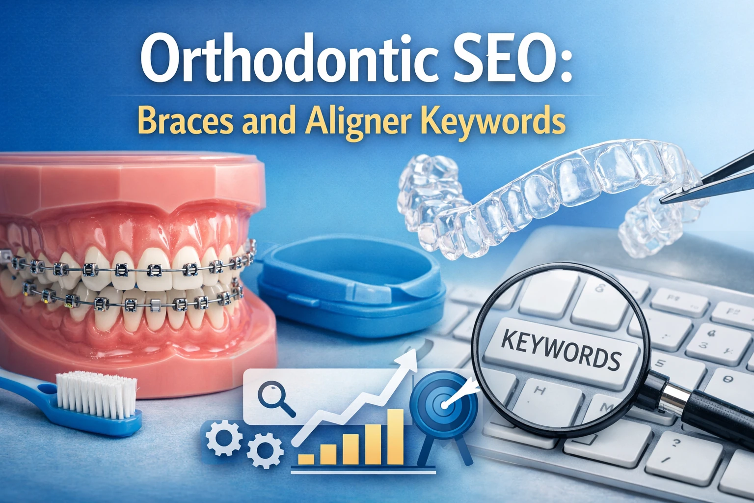 Orthodontic SEO featured image showing braces and a clear aligner beside a keyboard and magnifying glass highlighting keywords, representing braces and aligner keyword research for orthodontic marketing.