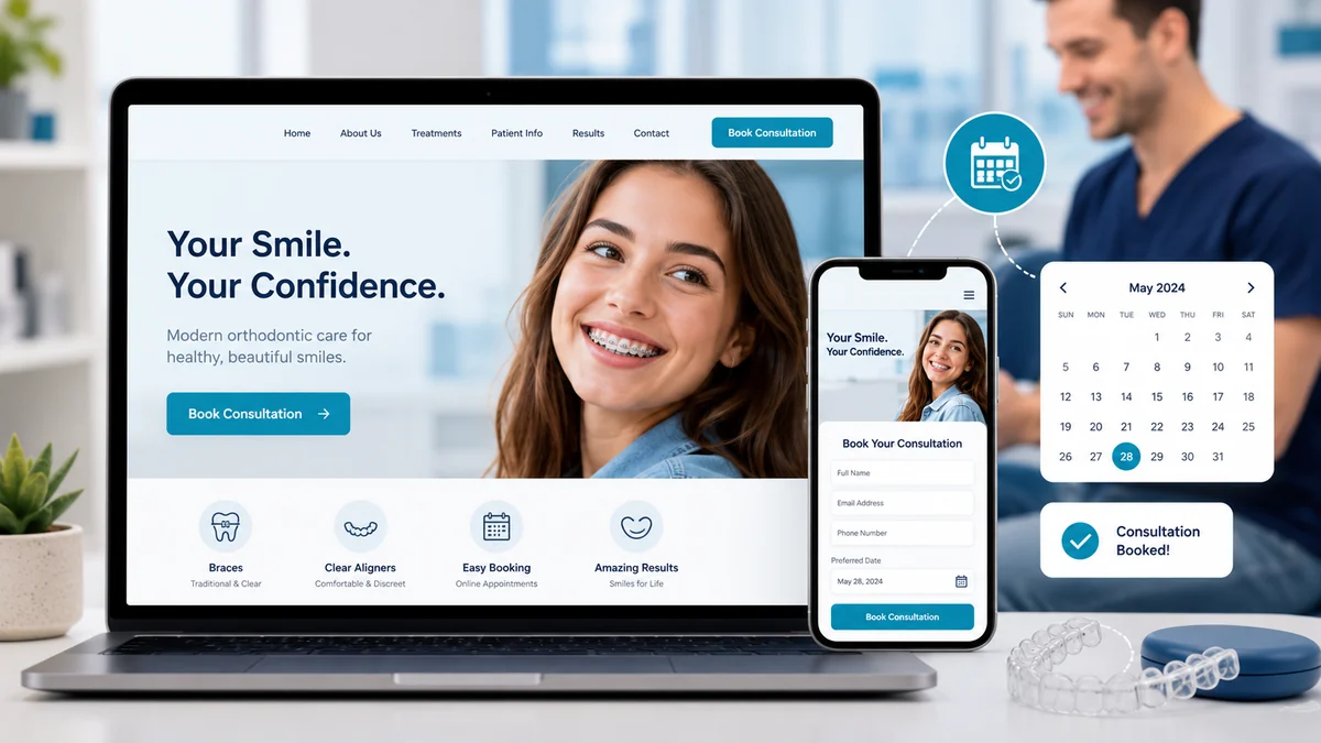 Orthodontic website design mockup showing mobile booking, consultation scheduling, and clear calls to action for converting visitors into orthodontic consultations