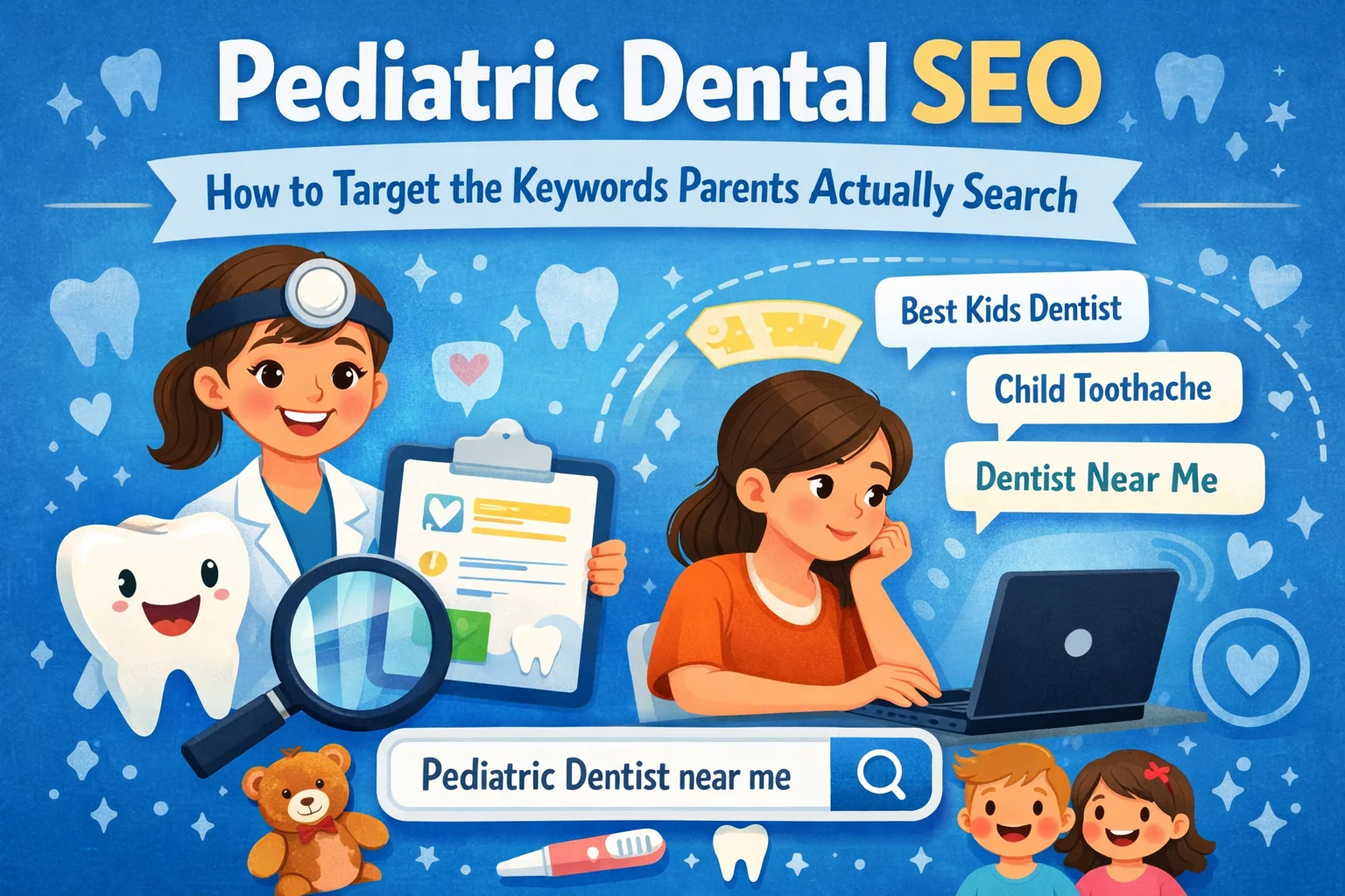Pediatric dental SEO illustration showing a parent searching for a pediatric dentist near me, best kids dentist, and child toothache keywords on a laptop beside a pediatric dentist and smiling tooth character