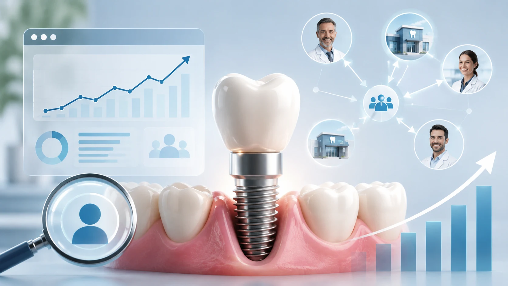 Periodontist implant marketing strategies illustrated with a dental implant, referral network, search visibility, and growth analytics