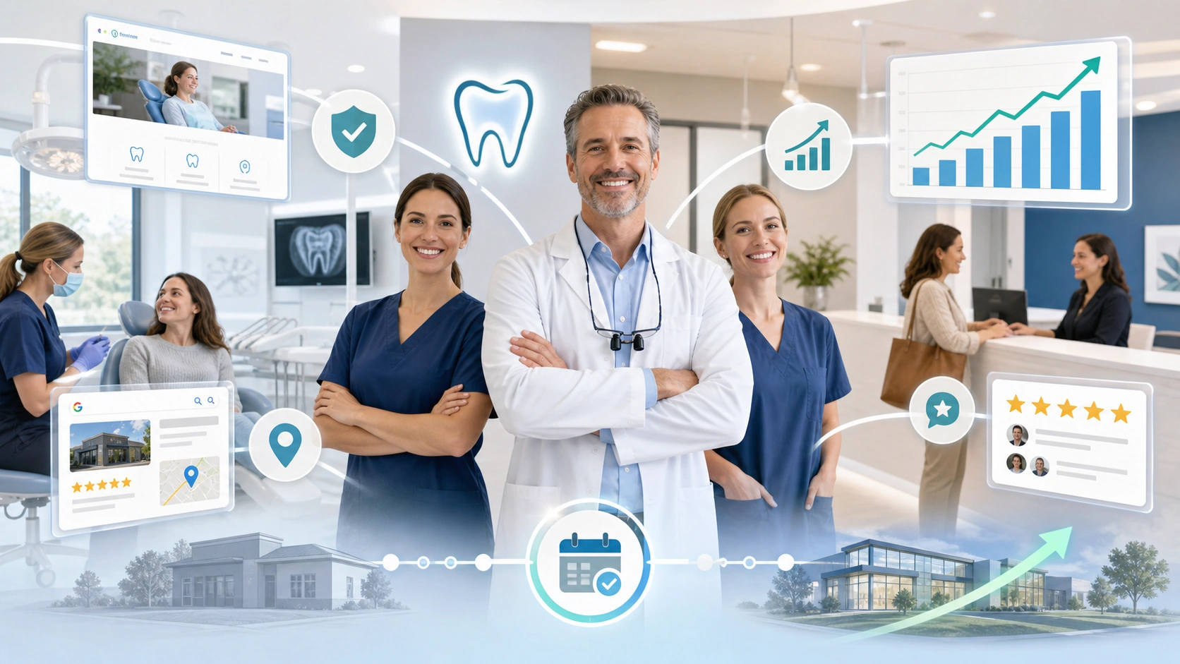 Post-acquisition dental practice marketing image showing a dental team, patient retention, local SEO, reviews, analytics growth, and a 90-day transition plan after closing the deal.