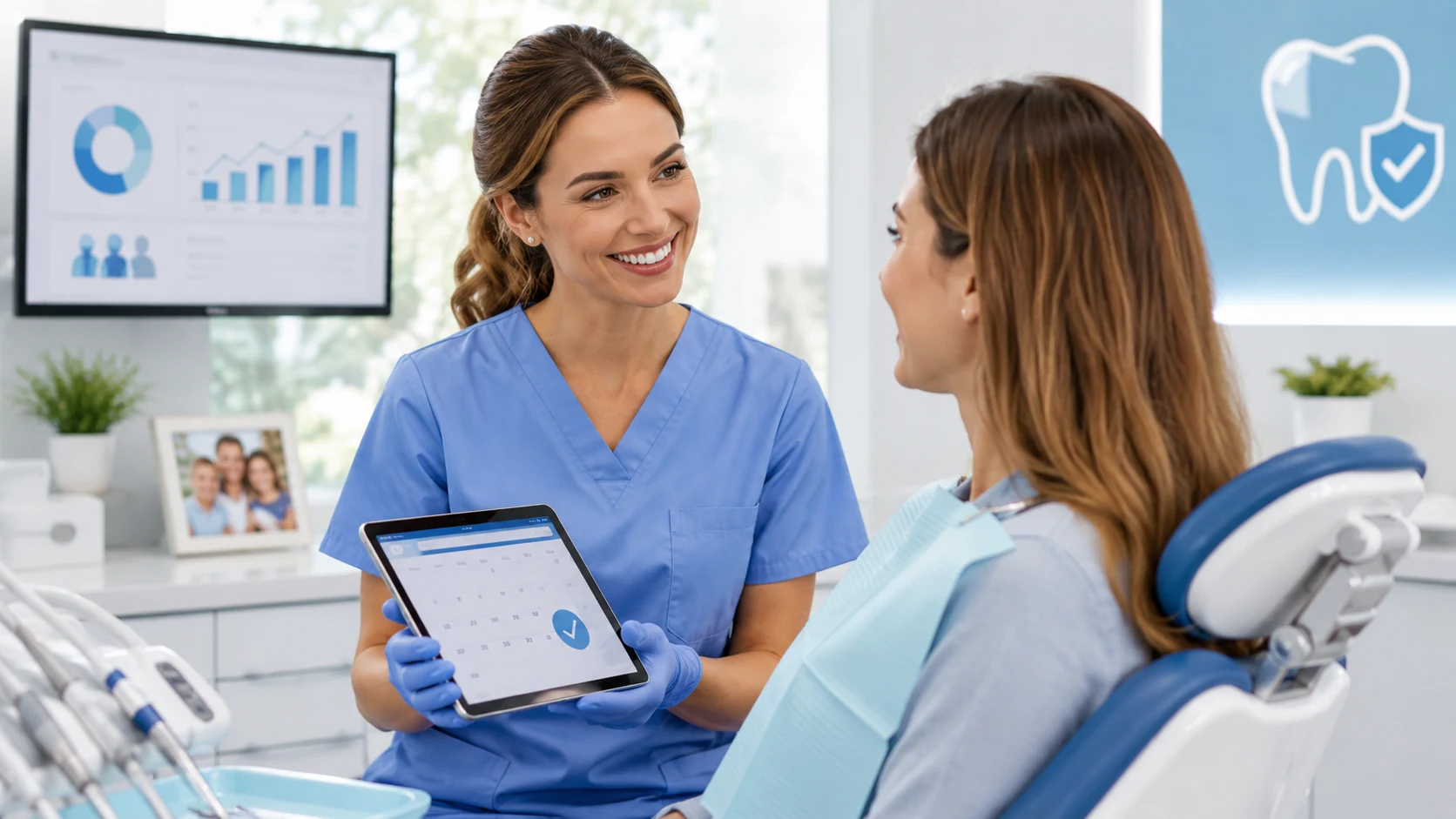 Preventive dentistry marketing image showing a hygienist discussing hygiene appointment scheduling and patient retention with a dental patient