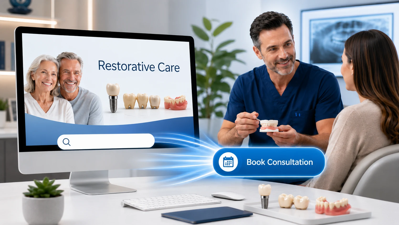 Prosthodontist website design showing restorative care services and a book consultation call-to-action for turning dental searches into consultations