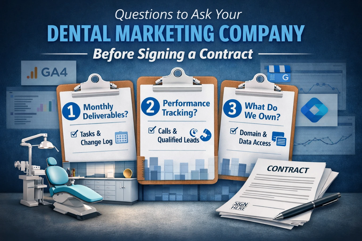 Three key questions to ask a dental marketing company before signing a contract: monthly deliverables, performance tracking, and account ownership.