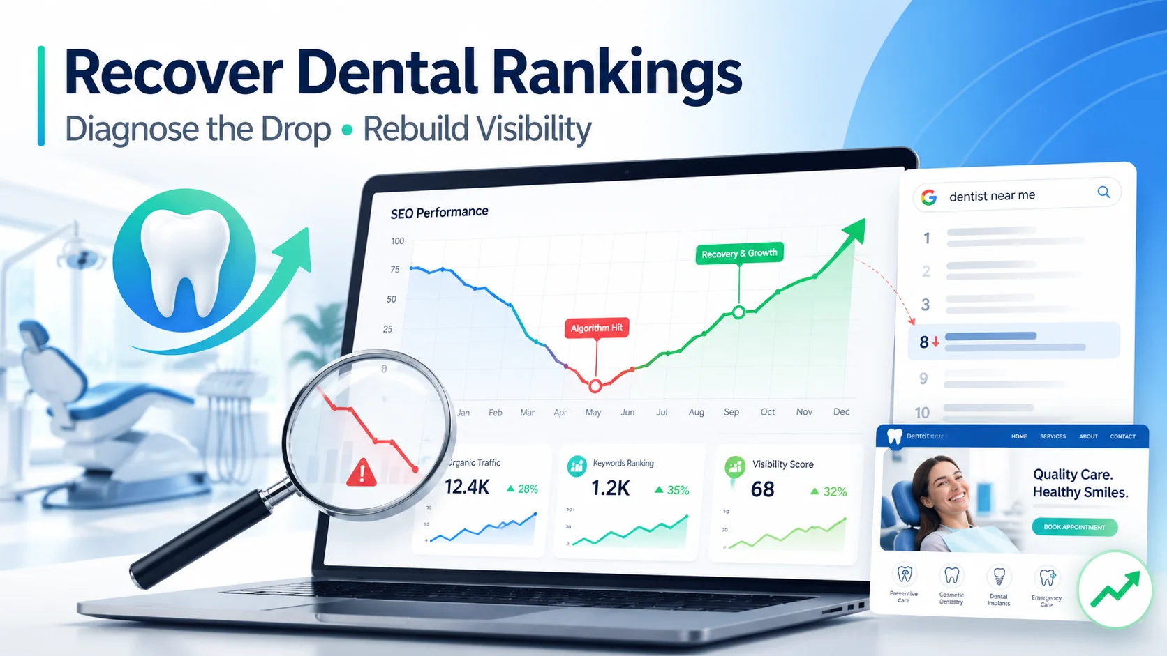Dental SEO dashboard showing how to recover dental rankings after an algorithm hit by diagnosing the drop and rebuilding search visibility.