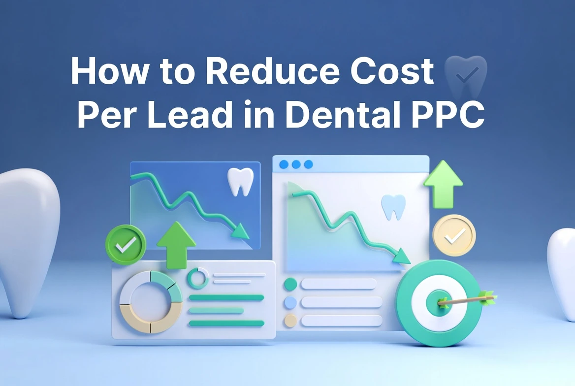3D-style dental PPC analytics dashboard showing downward cost trends, improvement arrows, conversion icons, and targeting visuals representing strategies to reduce cost per lead in dental PPC.