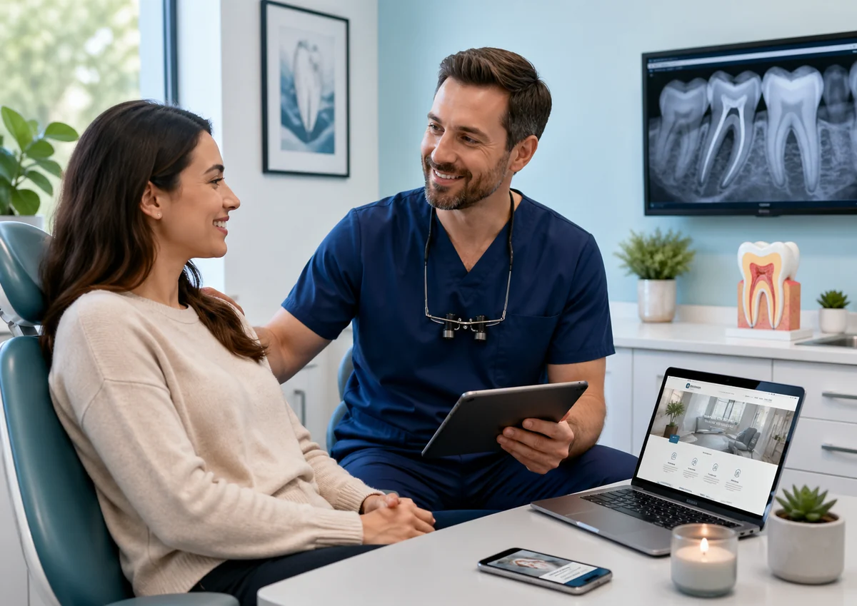 Endodontist reassuring a relaxed patient during a root canal consultation with dental website and X-ray visuals for fear-free root canal marketing