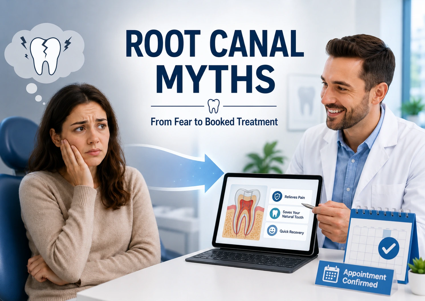 Anxious dental patient learning root canal facts from a dentist, illustrating content marketing that turns patient fear into booked treatment.