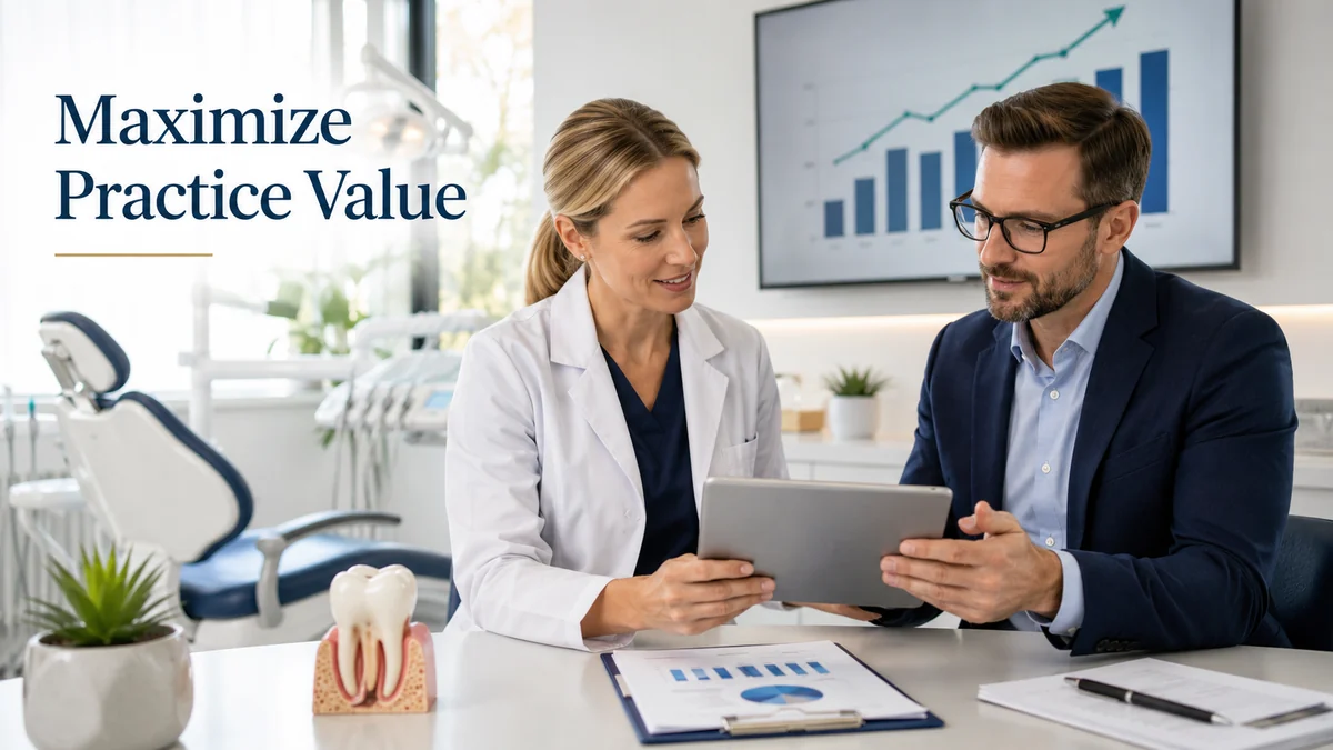 Dental practice owner reviewing valuation and growth charts with an advisor to maximize practice value before selling a dental practice