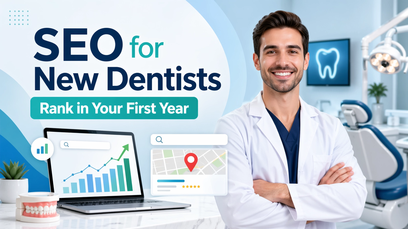 SEO for new dentists showing a first-year dental practice growing in local search rankings with analytics, reviews, and map visibility