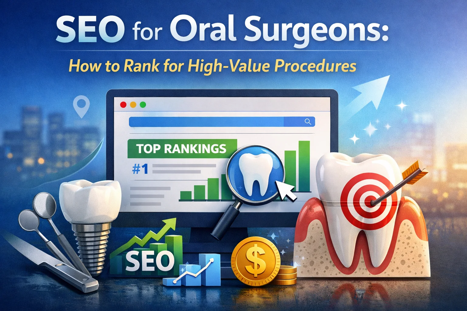 SEO for oral surgeons illustration showing search rankings, dental implant, target tooth, and growth metrics for high-value procedures
