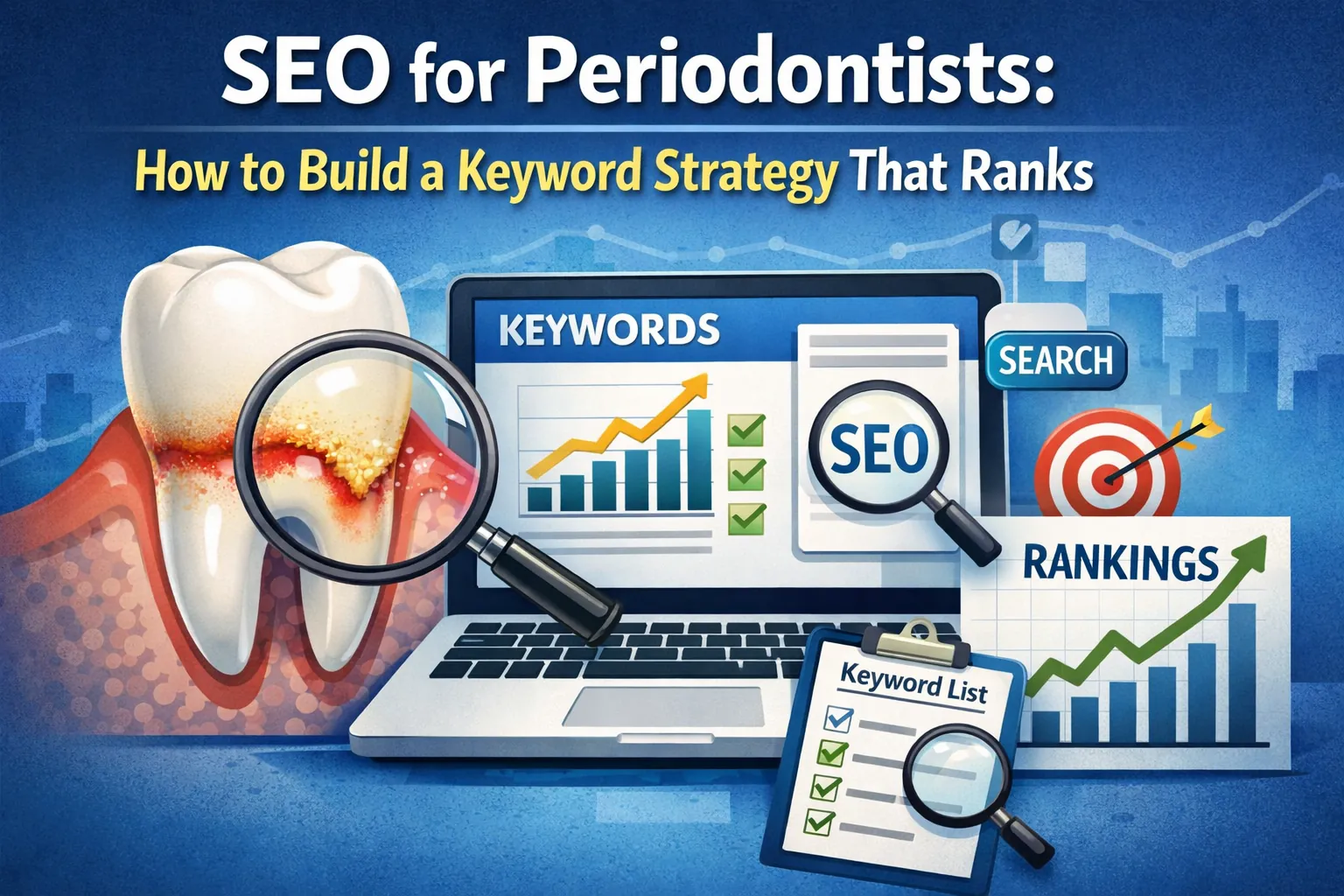 SEO for periodontists keyword strategy illustration showing a periodontal tooth, laptop with keyword research dashboard, SEO search icons, and ranking growth chart