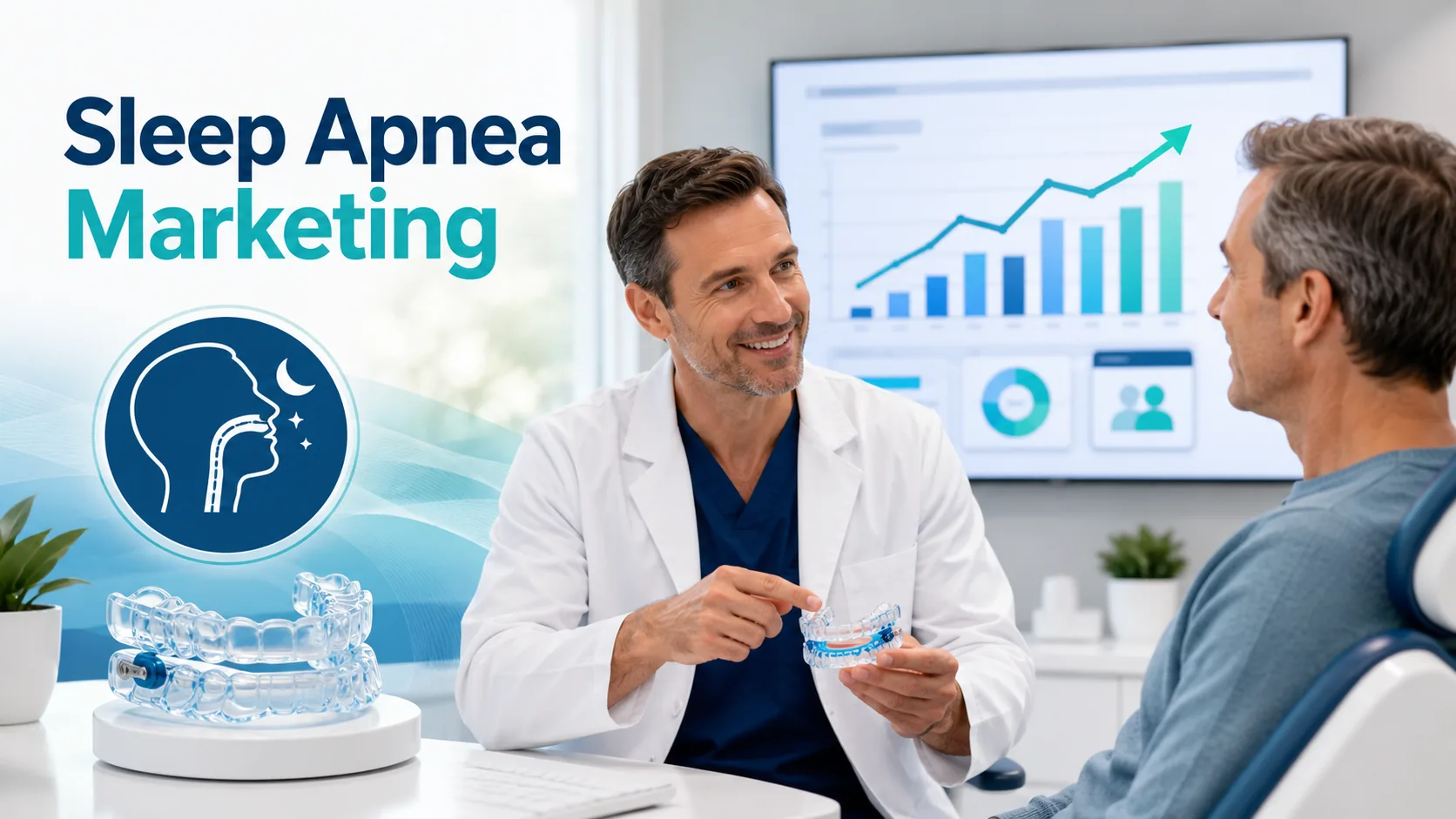 Sleep apnea marketing for general dentists illustrated by a dentist discussing an oral appliance with a patient beside a growth analytics dashboard.