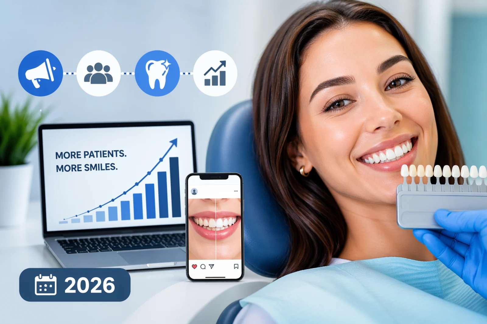 Teeth whitening marketing featured image showing a bright smile and cosmetic dentistry promotion visuals designed to attract and convert more teeth whitening patients in 2026.