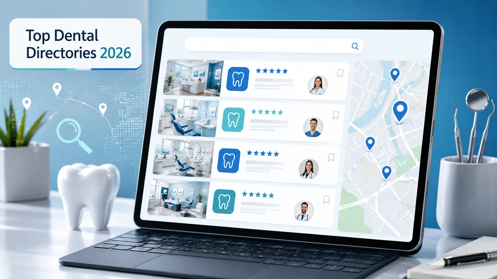 Dental directory listings interface showing local dental practice profiles, star ratings, and map pins for top dental directories in 2026