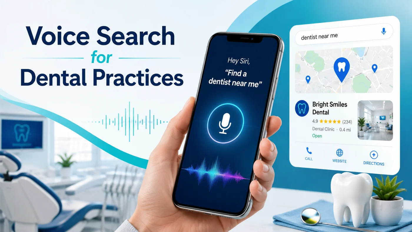 Voice search optimization for dental practices shown with a smartphone finding a nearby dentist online.