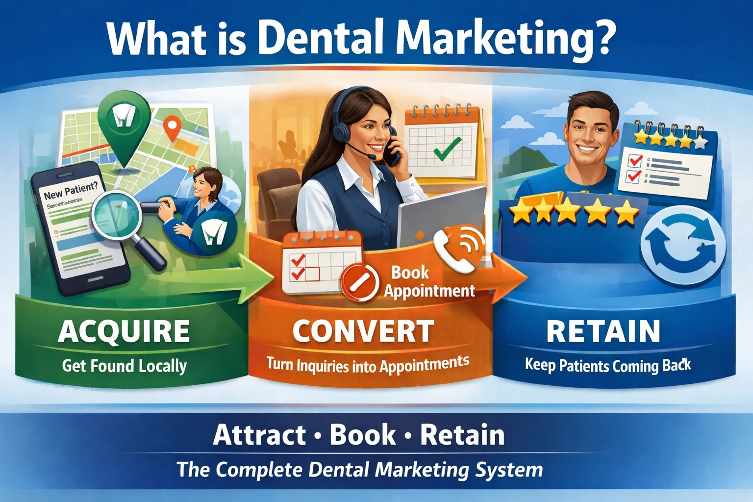 Dental marketing explained as a system showing acquire, convert, and retain stages, including local discovery, appointment booking, and patient retention.