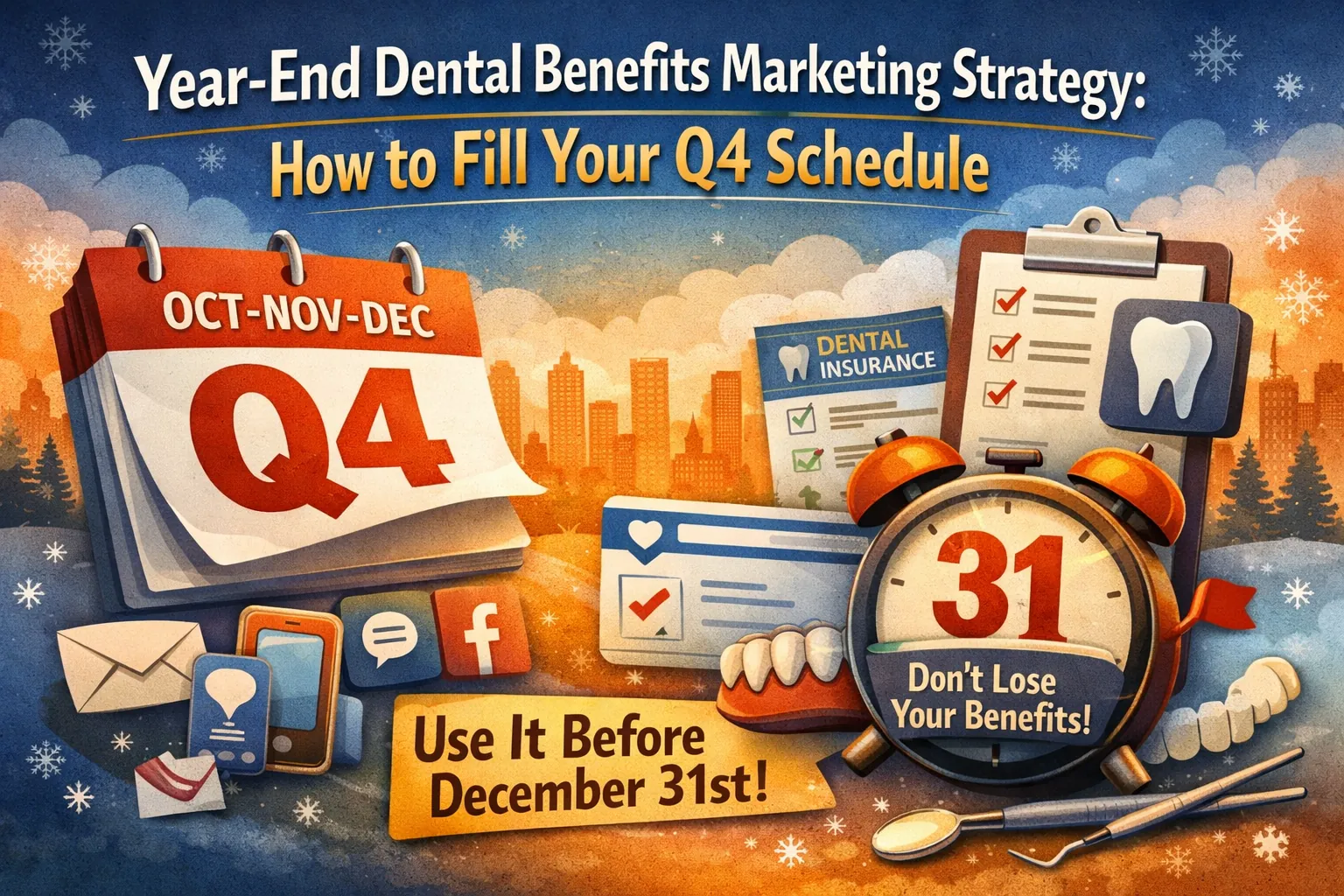 Year-end dental benefits marketing strategy illustration showing a Q4 calendar, dental insurance card, patient outreach icons, and a December 31 deadline reminder to help fill a dental practice Q4 schedule.