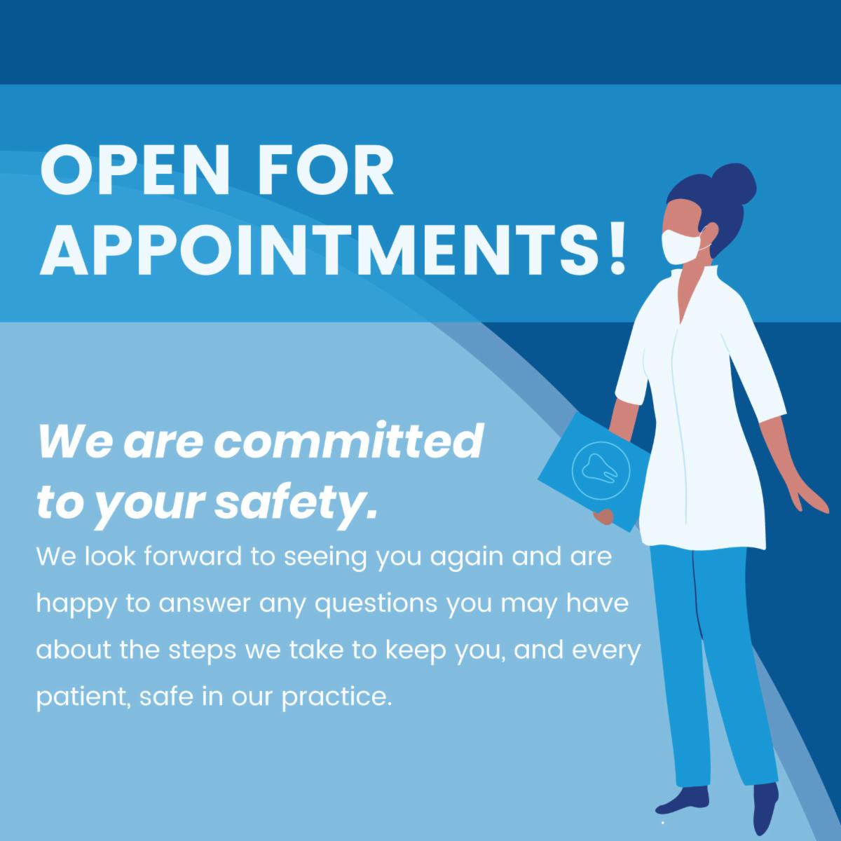 Graphic of a doctor and verbiage about safety while opening for dental appointments from WEO Media